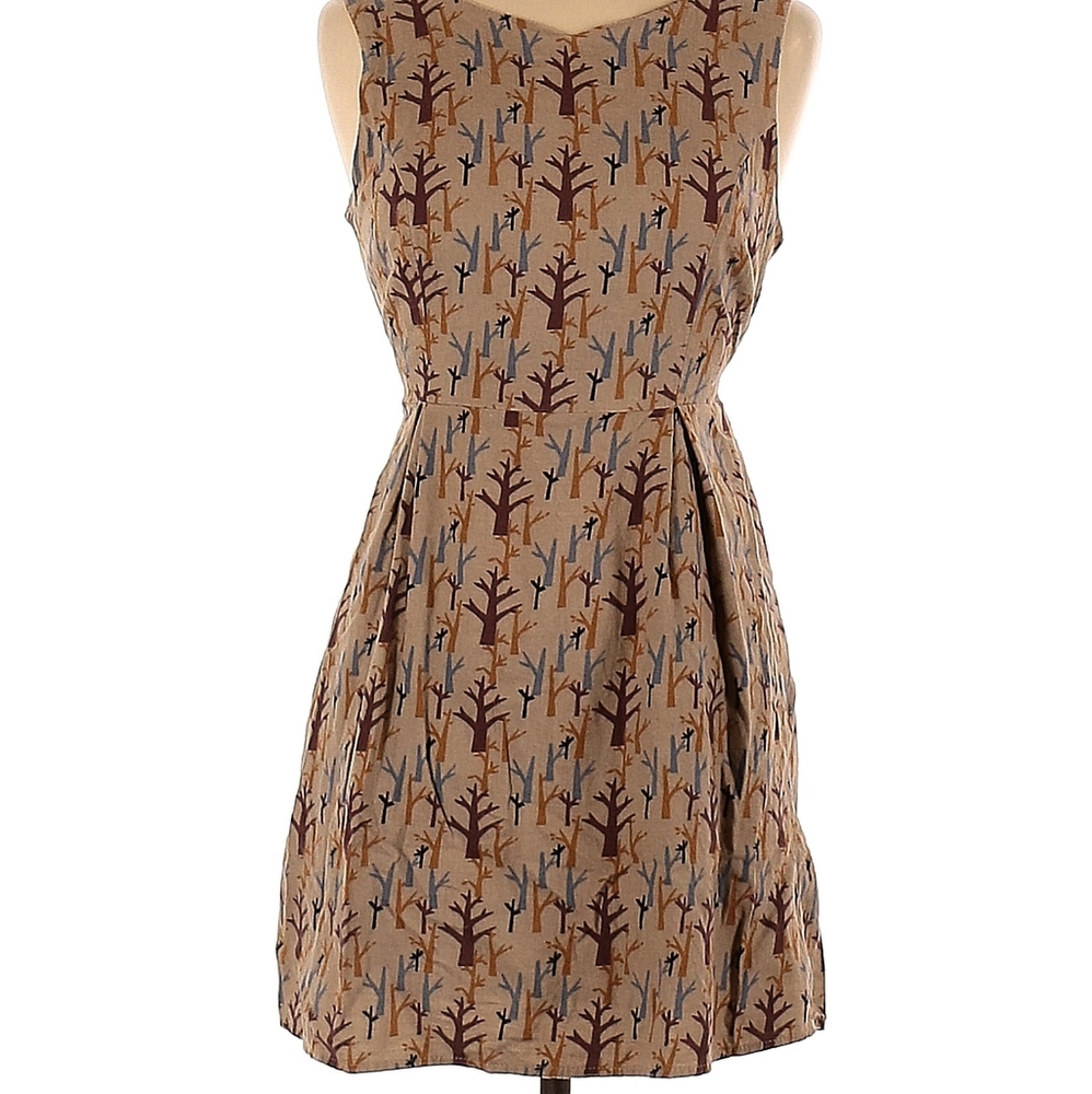 Sleeveless Tan Tree-Print Midi Dress